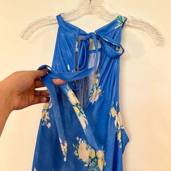 LoveShackFancy Brinda Blue Satin Floral Formal Tie Back Halter Maxi Dress Gown - Picture 8 of 11